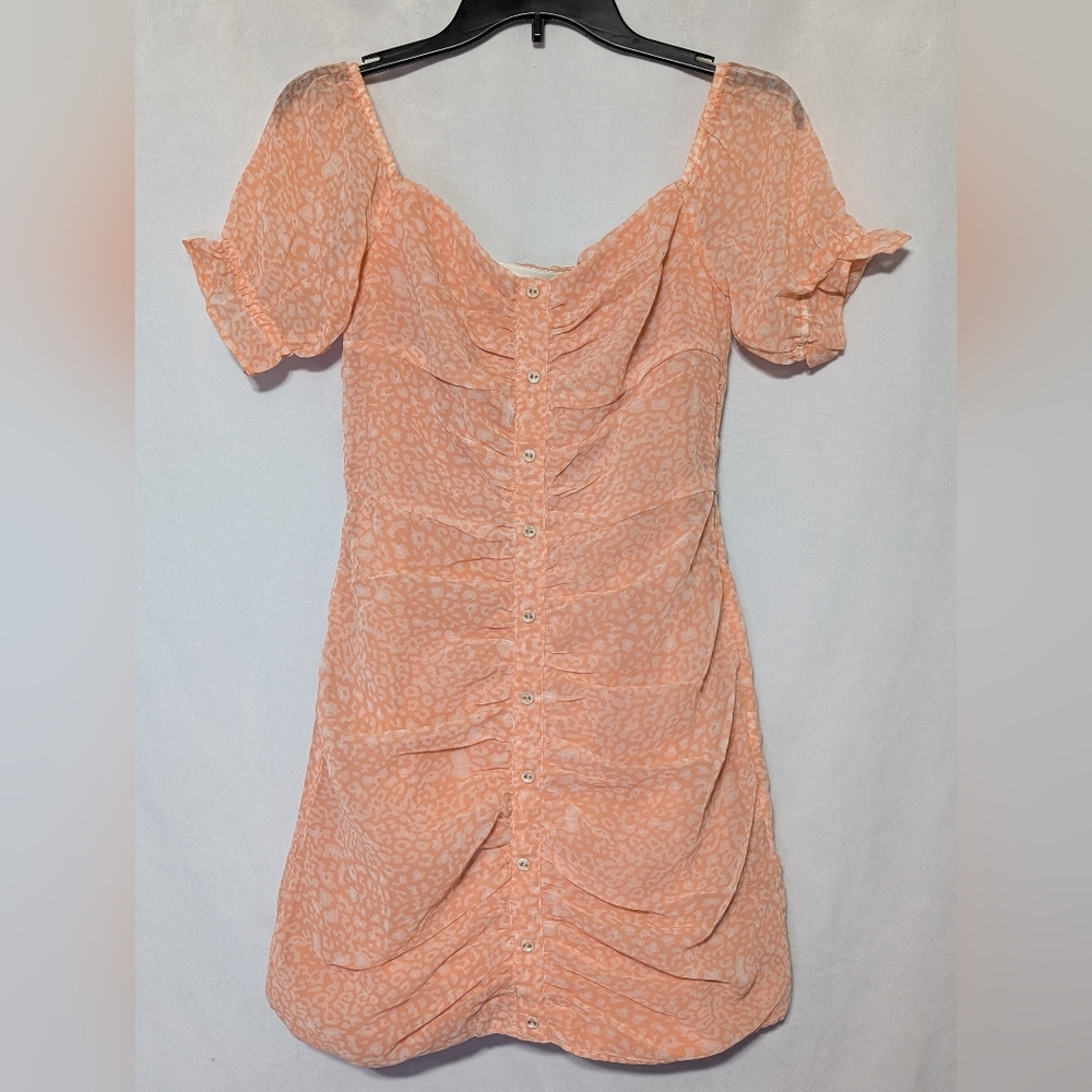 🐝Walter Baker Peach Jaguar Print Ruched Beverly Puff Shoulder Mini Dress Size 4